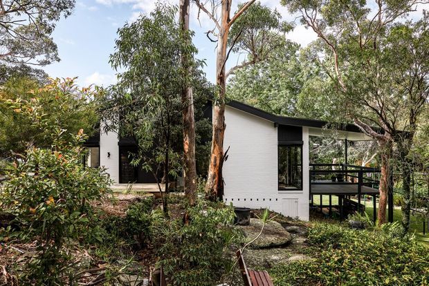 A compact modern single-storey dwelling nestled among mature eucalyptus trees and dense native landscaping. The building has white rendered or painted masonry walls, dark metal-framed windows, and a low-pitched asymmetrical roof. A raised timber deck and black balustrade extend from the right side, blending the home into its wooded garden setting.