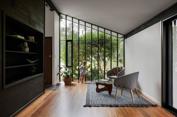 A contemporary living room with warm timber flooring, a dark built-in feature wall and open shelving, and a relaxed seating area arranged around a low coffee table and textured rug. Floor-to-ceiling black-framed glazing forms a dramatic corner window overlooking dense greenery, creating a strong indoor–outdoor connection. The room has a high ceiling, restrained furnishings, and abundant natural light.