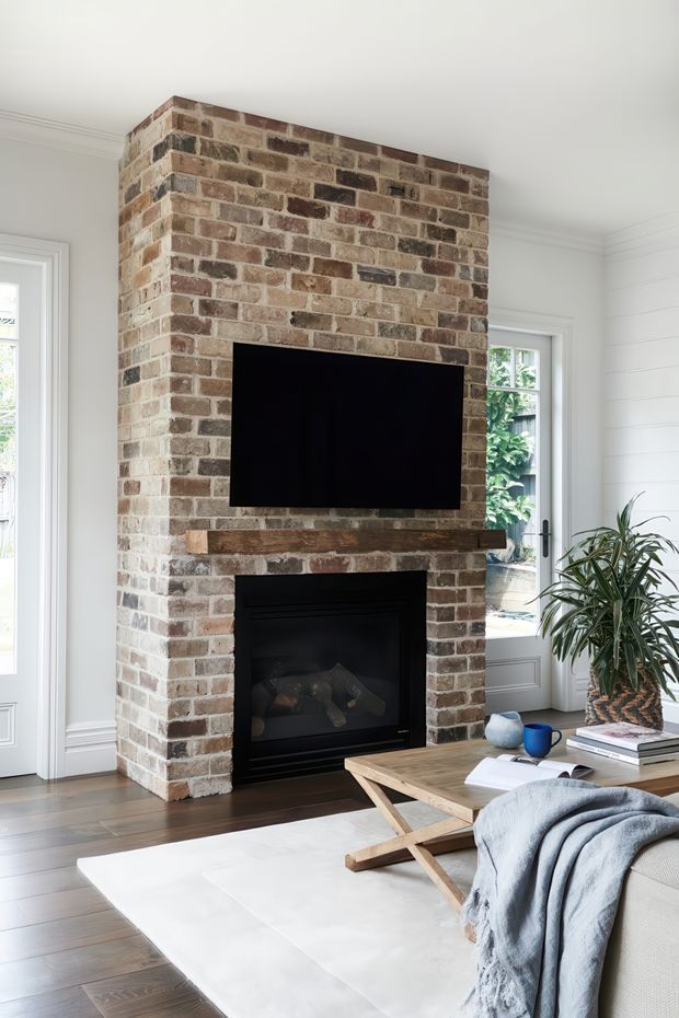 Bright living room centred on a full-height exposed brick fireplace and media wall, with a black television above a timber mantel and inset black firebox. White vertical wall panelling, tall windows and pale trim surround the fireplace. A neutral sofa, light rug, timber coffee table, books and a large indoor plant create a relaxed contemporary setting.