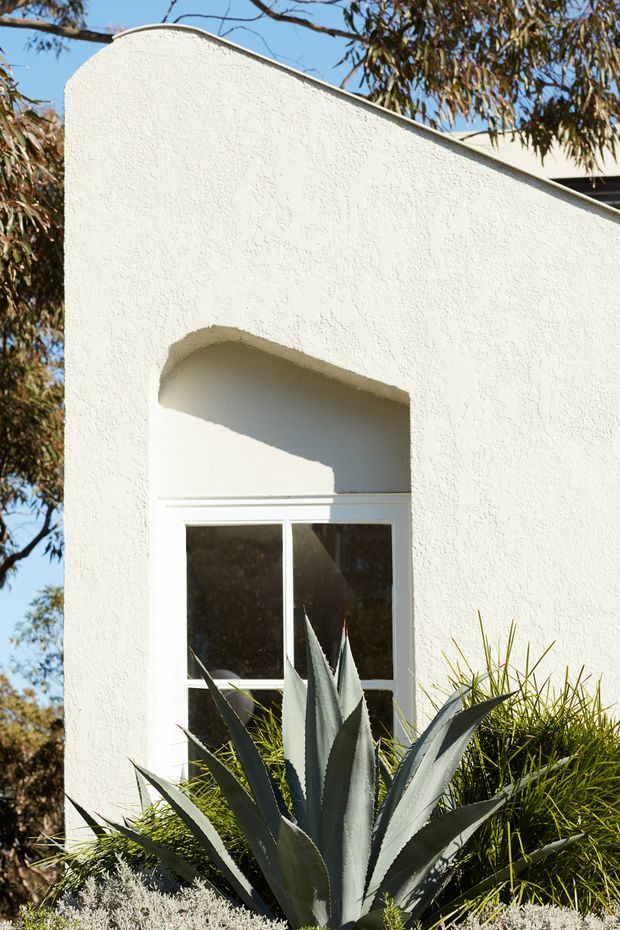 Close-up exterior view of a white textured stucco facade with a tall rectangular window set beneath a shallow arched recess. The building has a simple curved parapet or roofline, with sculptural agave and ornamental grasses planted in front. Bright sunlight, blue sky, and mature foliage create a clean, warm residential exterior composition.
