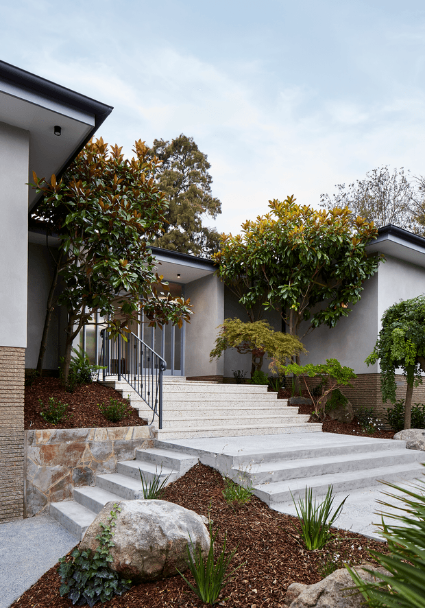 Exterior view of a contemporary single-storey home entry with broad concrete steps, a slim black metal handrail, textured light rendered walls, dark roof edges, and stone retaining walls. The landscaped approach includes mulched garden beds, large natural boulders, clipped shrubs, ornamental grasses, and small trees.