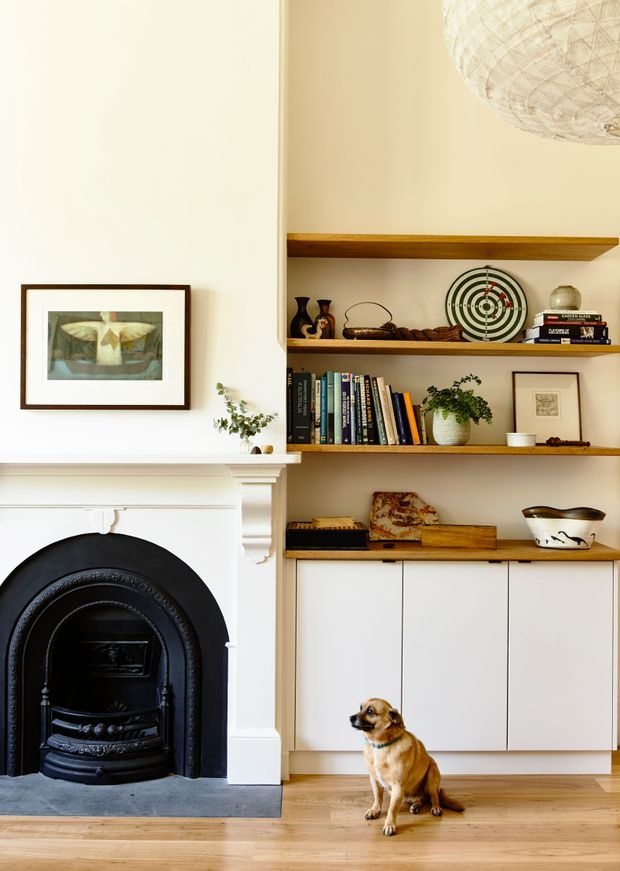 Bright, warm residential living room detail featuring a traditional white mantel and ornate black cast-iron fireplace beside bespoke built-in shelving and cabinetry. The timber shelves display books, ceramics, framed artwork and plants, with a small dog on the light timber floor. A woven pendant light is partially visible overhead.