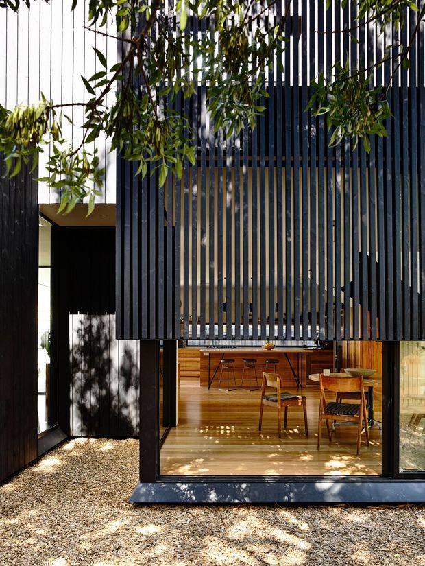 Exterior view of a contemporary residential building with a dramatic black vertical-slat facade and large glazed opening. Through the glazing, a warm timber-lined dining and kitchen area is visible, furnished with a wooden dining table and chairs. Mature leafy branches partially screen the facade, while a textured natural ground surface surrounds the building.