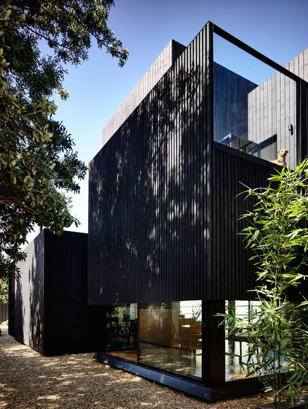Exterior view of a striking contemporary multi-level house with strongly articulated black vertical cladding, projecting upper volumes, large corner glazing, and a contrasting pale timber-clad upper section. The building is surrounded by mature trees and bamboo, with a gravel surface in the foreground. Clear blue sky and strong sunlight emphasize the deep shadows and geometric facade composition.