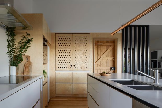A contemporary kitchen featuring light timber cabinetry and flooring, white lower cabinets, a large central island with an integrated double sink, and a stainless-steel benchtop or work surface. The rear cabinetry includes perforated timber door fronts, while a rustic timber door and black vertical slatted screen add visual contrast. Potted greenery and timber accessories provide natural accents.