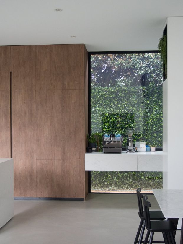 A minimalist contemporary kitchen with full-height warm timber cabinetry, a large black-framed window overlooking dense greenery, and a white stone-look bench beneath the window. Coffee-making appliances and plants sit on the bench, while a dining table and dark chairs are partially visible in the foreground. The space has a clean, restrained material palette and abundant natural light.