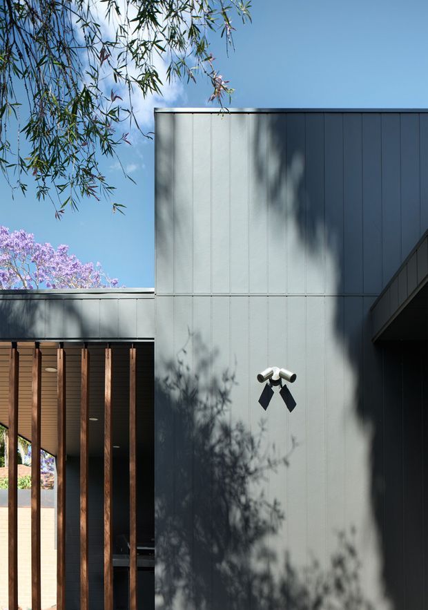 A close-up architectural exterior view of a contemporary building with a tall, clean-lined facade clad in pale grey vertically panelled material. A dark grey upper volume and projecting roof or canopy create strong geometric forms, while a recessed covered walkway with warm timber vertical screens is visible at left. Exterior spotlights are mounted on the wall. Tree shadows, bamboo-like foliage, and flowering trees frame the facade, contrasting with the restrained monochrome building palette.
