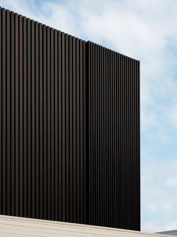 Close-up exterior view of a tall building facade clad in tightly spaced vertical dark fins or battens, rising above a low pale masonry wall. The composition emphasizes strong vertical rhythm, sharp geometric lines, and contrast between the dark upper facade and light lower wall, with open sky visible around the structure.
