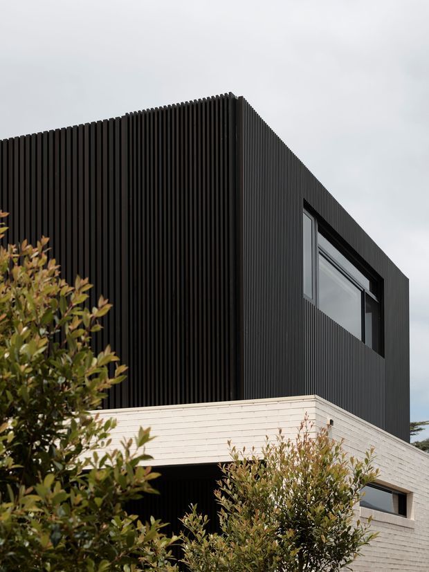 Close-up view of a contemporary two-storey building exterior, with a sharply defined upper volume clad in closely spaced vertical black ribs above a pale horizontal brick lower level. A dark-framed rectangular window is set into the upper facade, while shrubs partially screen the lower storey. The composition emphasises strong vertical texture, contrasting facade materials, and a crisp modern geometric form under an overcast sky.