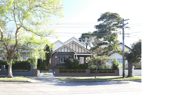 Street-facing view of a compact traditional residential house with a prominent front gable, steep pitched roof, decorative timber-style gable detailing, dark brick walls, white trim, and a low brick-and-metal front fence. Mature street trees and neighbouring homes frame the suburban setting.