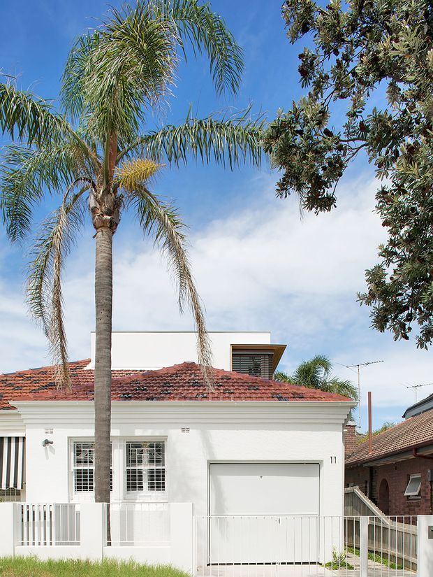 Street-facing photograph of a compact white rendered house with a red terracotta tiled roof, decorative classical-style cornice and window detailing, and an integrated white garage door. A tall palm and mature tree partially frame the facade, with neighbouring brick homes visible at the sides. Bright daytime suburban setting.