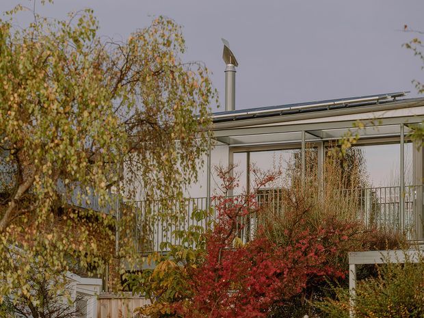 Exterior view of a contemporary, low-profile residential building partially screened by autumn foliage. The facade features light-coloured horizontal cladding, extensive glazed openings, slender metal framing, a covered upper-level terrace or balcony with railing, and a visible metal flue or chimney. Dense landscaped planting dominates the foreground.