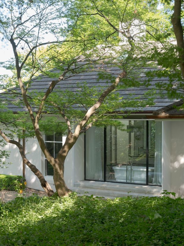 Exterior view of a low-profile modern residence partially screened by mature trees and garden planting. The white rendered facade has extensive floor-to-ceiling glazing with dark slender frames, a broad grey shingle or tile pitched roof, and a concrete threshold or terrace. The image has a quiet, leafy garden setting and natural daylight.