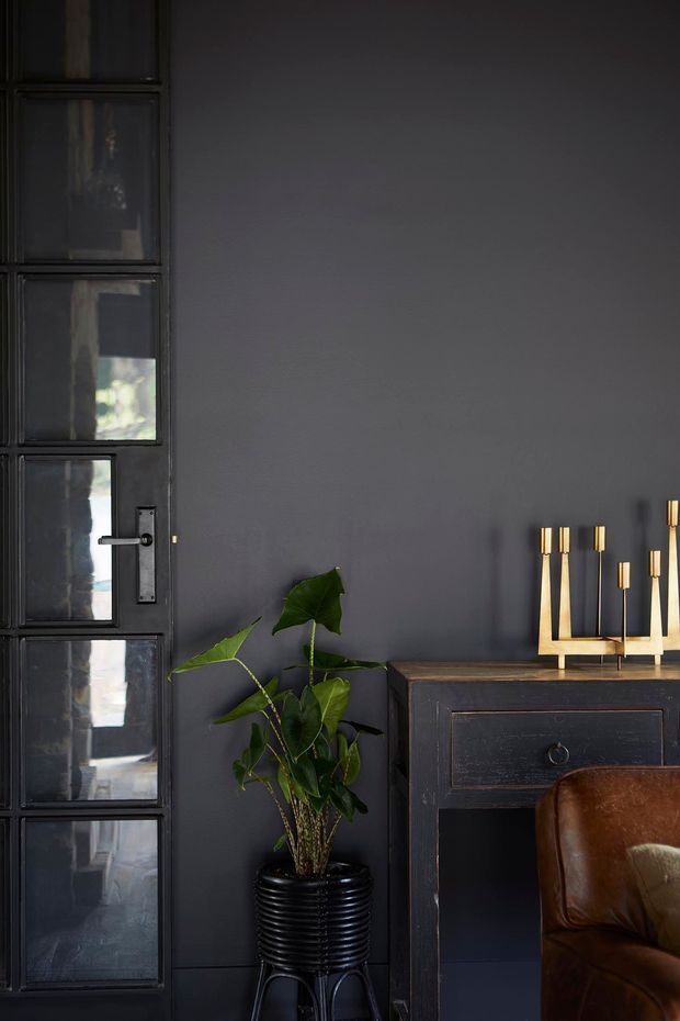 A moody interior vignette featuring a dark charcoal painted wall, a black-framed glazed door or window panel at left, and a distressed dark timber console with a drawer. A potted tropical plant and gold-toned sculptural candleholder add contrast, while part of a brown leather armchair is visible at right.