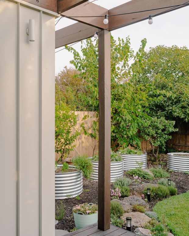 A covered outdoor garden terrace viewed from beside a building, with timber pergola posts and beams, string lights, dark decking, corrugated metal raised garden beds, landscaped planting, rocks, and a timber boundary fence. The image is primarily an exterior garden and patio space.