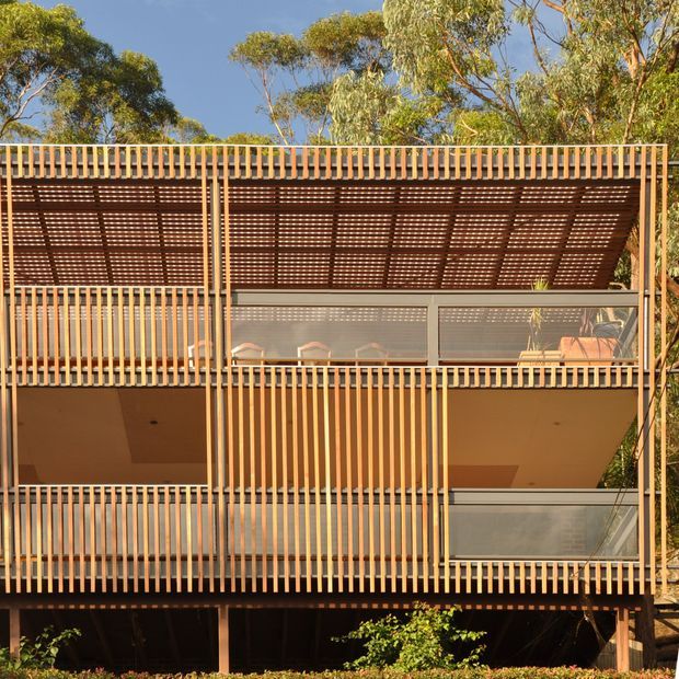 Exterior view of a multi-level contemporary building surrounded by eucalyptus trees. The facade features extensive vertical timber or wood-toned screening, translucent or glazed balcony balustrades, and a large slatted roof canopy providing shade over an upper-level terrace. The structure is elevated on slender supports and has a warm, rhythmic facade composition.