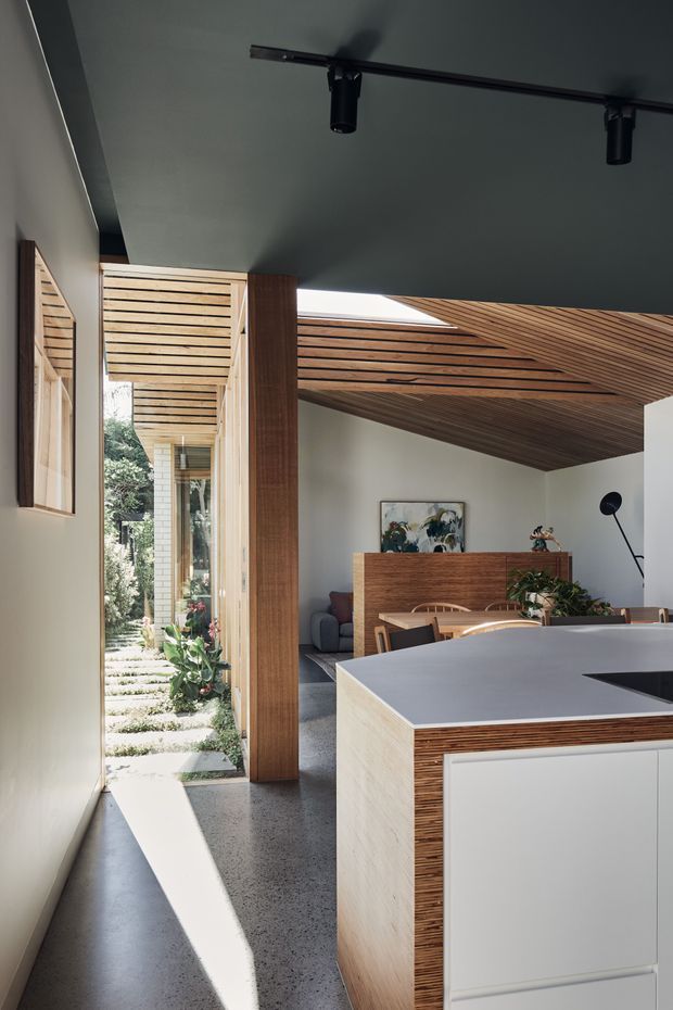 A contemporary open-plan kitchen and living area with a large island in the foreground, featuring a pale stone benchtop and timber-slatted cabinetry. Warm timber wall and ceiling panelling extends toward the living room, while a glazed opening connects to a landscaped side courtyard. The space has polished concrete or terrazzo-like flooring, white walls, dark ceiling surfaces, and black track lighting.