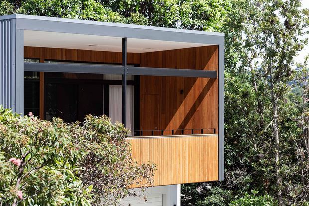 A compact contemporary box-form dwelling or extension elevated among dense vegetation. The facade combines dark grey metal framing and cladding with warm vertical timber wall and balcony-panel surfaces. Large glazed openings, a covered balcony or terrace, and strong sunlight create a crisp modern architectural composition integrated into a leafy site.