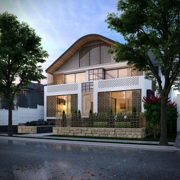 Front exterior perspective of a contemporary multi-level residence with a distinctive curved gable roof, exposed timber soffit, patterned breeze-block and brick screens, extensive glazing, and a landscaped street-front garden. The home has a light rendered facade, stone retaining wall, metal fencing, and mature street trees, shown in a damp urban or suburban setting.