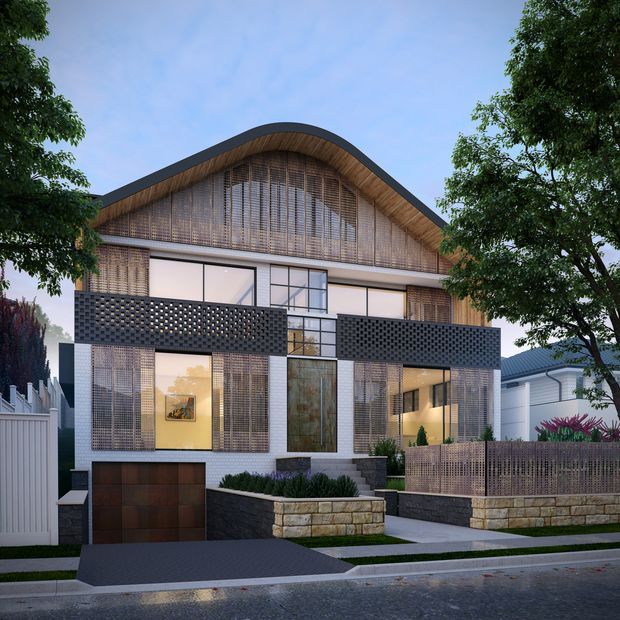 A contemporary two-storey residential façade viewed from the street, featuring a curved gable roof with dark edging, warm timber soffits, extensive timber screening, large glazed openings, and perforated dark balcony screens. Stone retaining planters, a dark garage door, paved entry, and landscaped garden beds define the frontage.