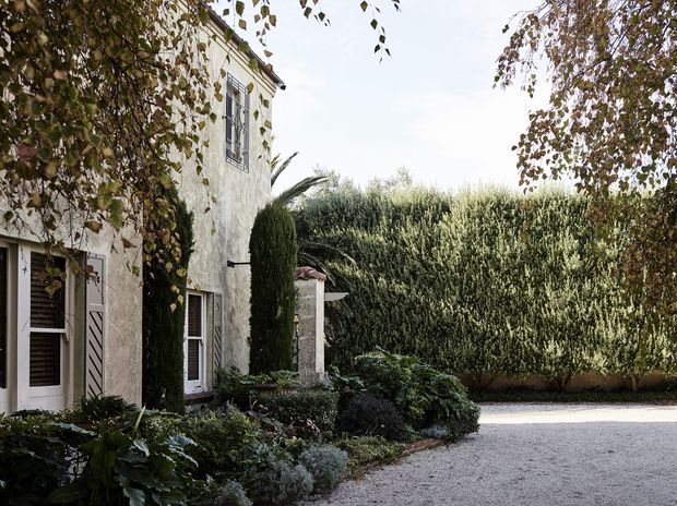 Exterior view of a refined traditional residence framed by mature landscaped planting. The pale textured facade has tall shuttered windows and a covered entry or garden structure, opening onto a broad light gravel drive or courtyard. Dense clipped hedges and established shrubs create a private, formal garden setting.