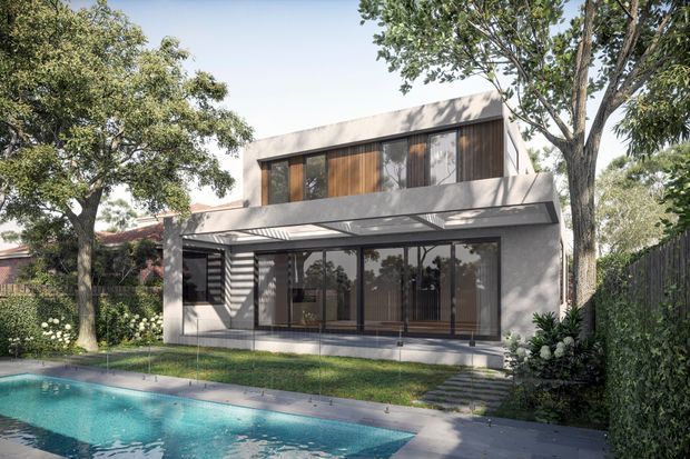 A contemporary two-storey residential extension or house viewed from the garden, with a minimalist rendered facade, extensive dark-framed glazing, timber-clad upper-level panels, and a projecting covered terrace or awning. A swimming pool, lawn, mature trees, and landscaped planting occupy the foreground and surrounds.