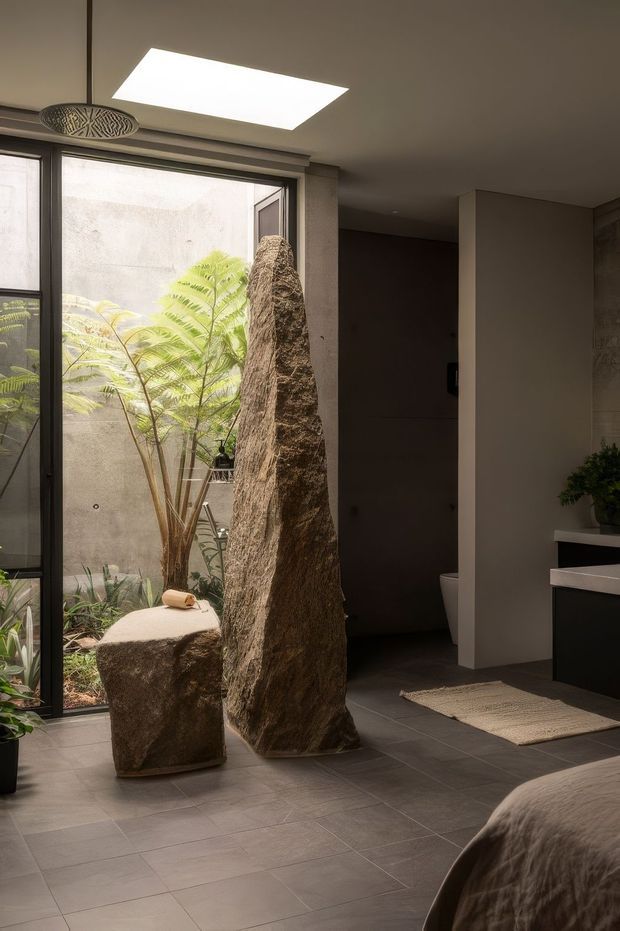 A moody, contemporary bathroom interior viewed from a bedroom area. The room features large dark grey floor tiles, a dark floating vanity with a light benchtop, a toilet in a recessed alcove, and a frameless or dark-framed glass opening to a planted courtyard. A dramatic tall natural stone feature and matching stone pedestal dominate the foreground, with a rectangular skylight providing soft illumination.