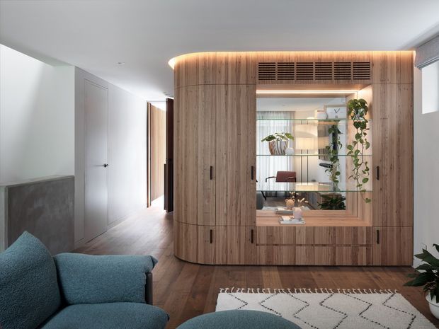 A bright contemporary living room featuring a large curved timber built-in cabinet with integrated shelving, storage doors, display niches, and concealed ventilation grilles. The cabinet separates the living area from a hallway or adjoining space. A blue upholstered sofa, patterned rug, indoor plants, and dark timber flooring create a warm, refined interior.