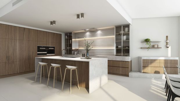 Bright contemporary open-plan kitchen and dining area with extensive dark timber cabinetry, a large white stone island with four stools, integrated appliances, illuminated display shelving, and a minimalist adjacent dining space. The room has clean lines, neutral finishes, and abundant natural light.