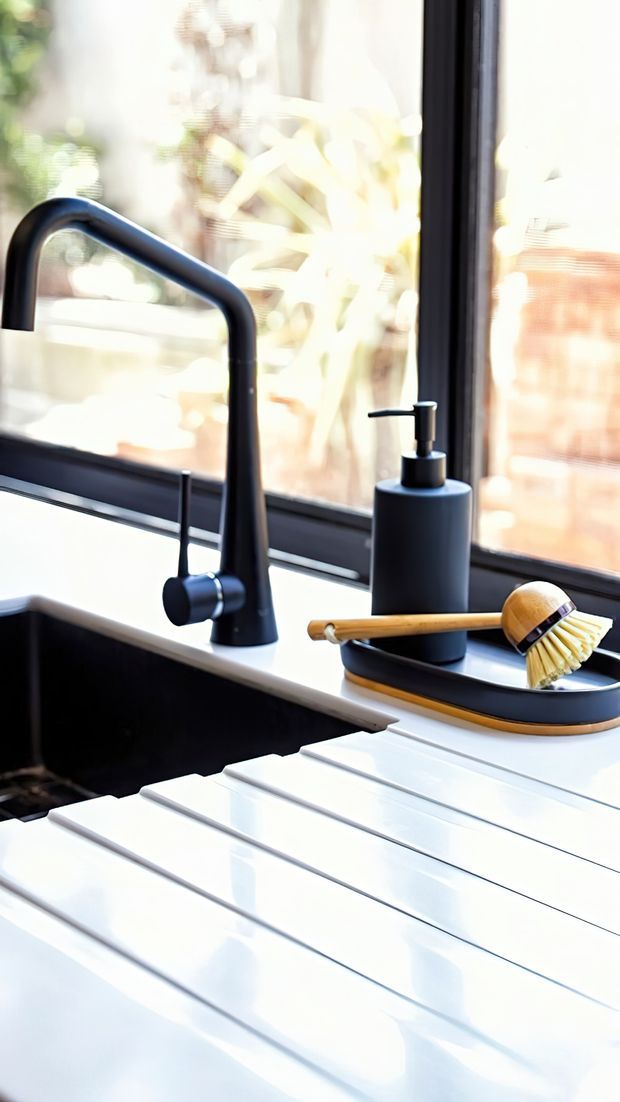 Close-up of a contemporary kitchen sink area with a matte black gooseneck faucet, black soap dispenser, dish brush, and integrated white slatted draining board beside a dark sink. A large black-framed window provides bright natural light.
