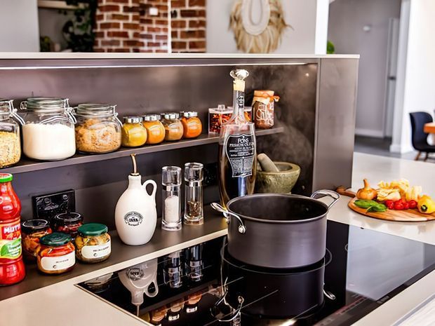 Close-up view of a contemporary kitchen island and open display shelving. A black induction cooktop with a large dark pot occupies the foreground, while dark shelving stores jars, bottles, spices, and pantry ingredients. The background includes a red brick wall and a neutral-toned decorative wall hanging, with a dining or living area partially visible beyond.