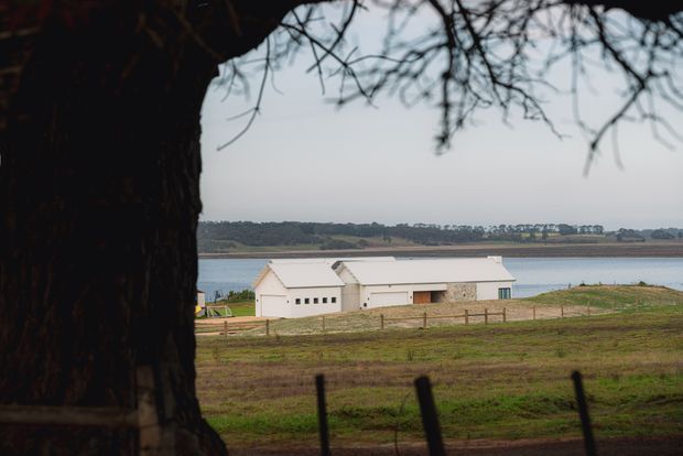 A rural waterside property viewed from behind a large tree and fence. A long, low white agricultural or barn-like building with pitched roof sections sits beside a broad lake or river, surrounded by open pasture and distant farmland under an overcast sky.