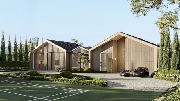 A polished architectural rendering of a low-rise contemporary residential property with two connected gabled volumes. The buildings feature vertical light timber cladding, dark pitched metal roofs, large glazed openings, and a sheltered recessed entry. A landscaped driveway with two cars leads to the house, while a marked tennis court, clipped hedges, topiary shrubs, and tall narrow trees occupy the foreground and boundaries.