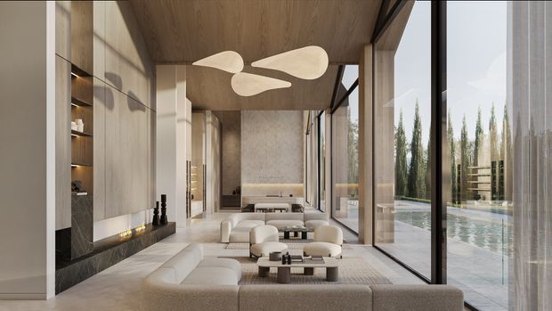 A refined contemporary living room with a large sectional sofa, low sculptural coffee tables, a linear fireplace set into dark stone, warm timber wall and ceiling finishes, and floor-to-ceiling glazing opening toward a pool and landscaped exterior. A sculptural pendant light hangs from the timber ceiling, while built-in shelving and concealed cabinetry line the side wall.