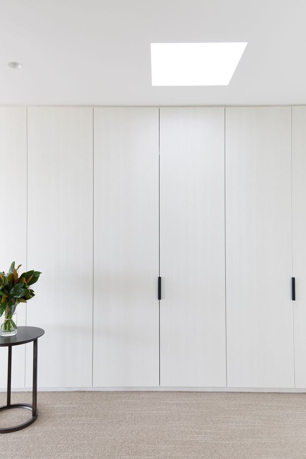 A minimalist interior featuring a full-height wall of pale timber built-in cabinetry with slim black vertical handles. The cabinetry spans the width of the room beneath a white ceiling with a large rectangular skylight or flush-mounted ceiling light. A small round dark side table with a glass vase and leafy plant sits at the left, while neutral carpet covers the floor.