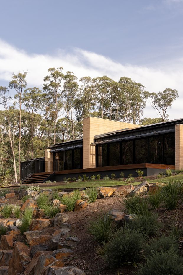 Exterior architectural photograph of a low, contemporary building set within a natural bushland landscape. The structure features dark metal framing, extensive floor-to-ceiling glazing, warm timber-clad wall volumes, and a low-pitched dark roof. Native trees and drought-tolerant landscaped planting with exposed rocks surround the building on a gently sloping site.