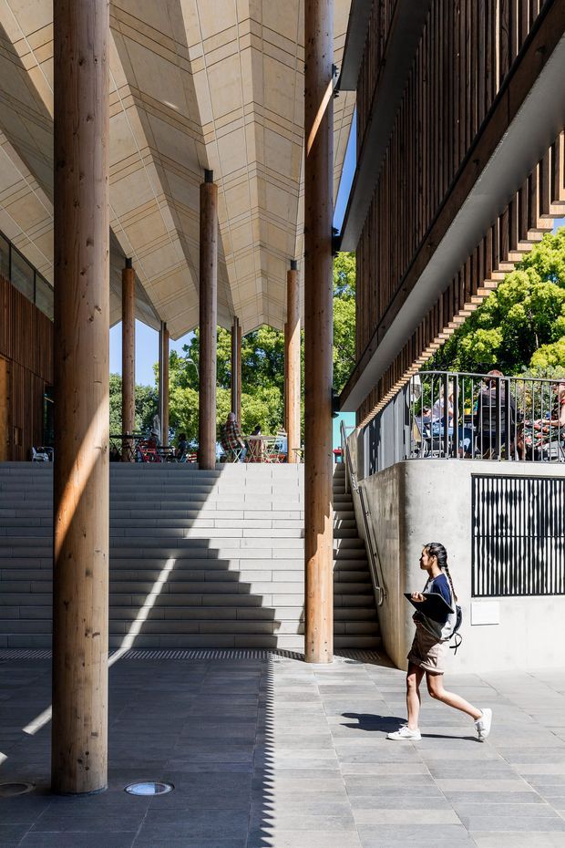 A sunlit institutional or commercial architectural space with broad grey tiled paving, stepped terraces, and tall exposed timber columns supporting a large pale geometric canopy. A dark timber slatted facade and external stairway frame the right side, with landscaped greenery visible beyond. The composition emphasises dramatic vertical structure, strong shadows, and circulation through the open-air building.
