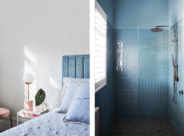 Split image showing a serene blue-toned bedroom on the left and a compact blue tiled shower bathroom on the right. The bedroom has a vertically channelled upholstered headboard, textured blue bedding, white walls, and a small bedside table with a lamp. The bathroom features glossy vertical blue wall tiles, a dark tiled floor, a frameless glass shower screen, and chrome rainfall shower fittings.