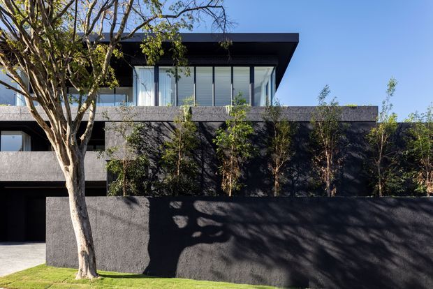 Exterior view of a contemporary multi-storey residence with dark textured rendered walls, strong horizontal slab lines, a broad flat roof overhang, and upper-level glazing with external blinds. A tall dark boundary wall and landscaped screening vegetation frame the street-facing facade.