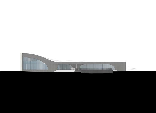 A minimalist architectural elevation rendering of a low, sculptural building with a flowing curved roofline and smooth grey exterior walls. Extensive floor-to-ceiling glazed sections span the facade, including a rounded projecting glazed volume. The image is presented against a plain white background with a dark ground silhouette, emphasizing the building's horizontal profile and contemporary form.