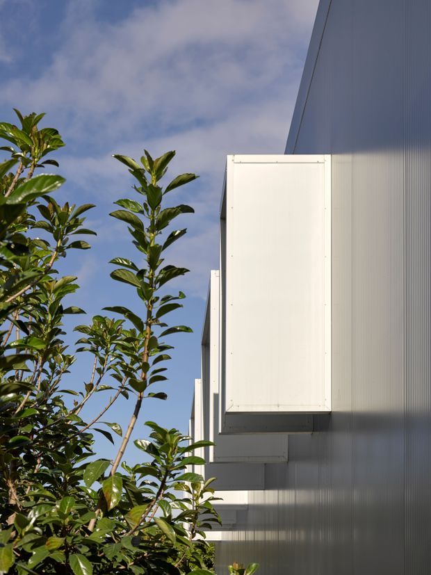 Close-up exterior architectural view of a contemporary building facade, featuring projecting white rectangular volumes against a vertically ribbed translucent or reflective wall surface. Lush leafy planting partially obscures the lower facade, with blue sky and soft clouds in the background. The image emphasises clean geometric forms, layered projections, and strong sunlight.