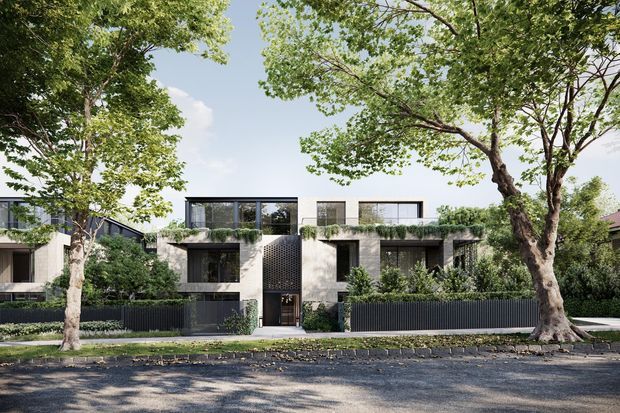 Street-facing view of a contemporary multi-unit residential building framed by mature trees. The facade combines pale rendered or concrete-like walls, extensive dark-framed glazing, deep projecting forms, planted roof terraces or balcony edges, and a dark vertical perforated entry screen. Landscaped front gardens and a pedestrian sidewalk sit between the building and the street.