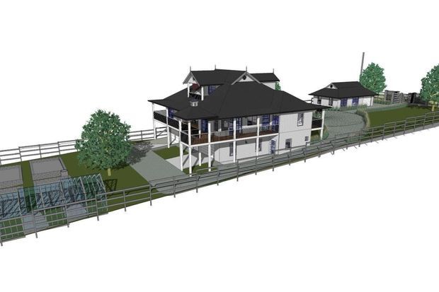 A 3D architectural rendering of a large multi-storey residential building on an elevated, sloping site. The design features a dark, complex pitched roof with multiple gables and dormer-like projections, light-coloured walls, extensive covered verandah or balcony areas, and substantial open support columns. A smaller matching outbuilding sits behind it, with fencing, landscaped areas, and an access path visible around the property.