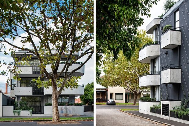 Diptych exterior view of a contemporary multi-storey apartment building in an urban residential setting. The building has a dark charcoal facade, projecting rounded concrete balconies with black metal balustrades, large glazed openings, and landscaped street frontage. Mature street trees partially screen the architecture; the right view shows the side elevation and driveway access.