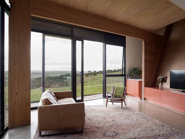 A warm, timber-lined living room with a sloped ceiling, expansive dark-framed floor-to-ceiling glazing, and views across a rural landscape. The room includes a low built-in coral-pink media cabinet, sofa, armchair, patterned rug, and television. The exposed timber surfaces and large windows create a calm, light-filled contemporary interior.