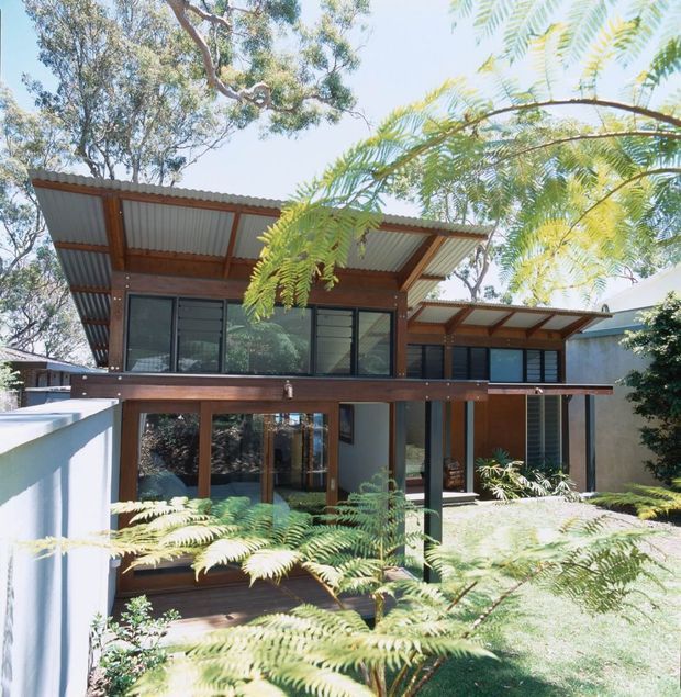 Exterior view of a contemporary two-storey dwelling set within a leafy garden. The house features a lightweight corrugated metal roof with broad overhangs, warm timber structural framing and cladding, extensive dark-framed glazing, and a raised upper-level terrace or balcony. Ferns and established trees partially screen the facade.