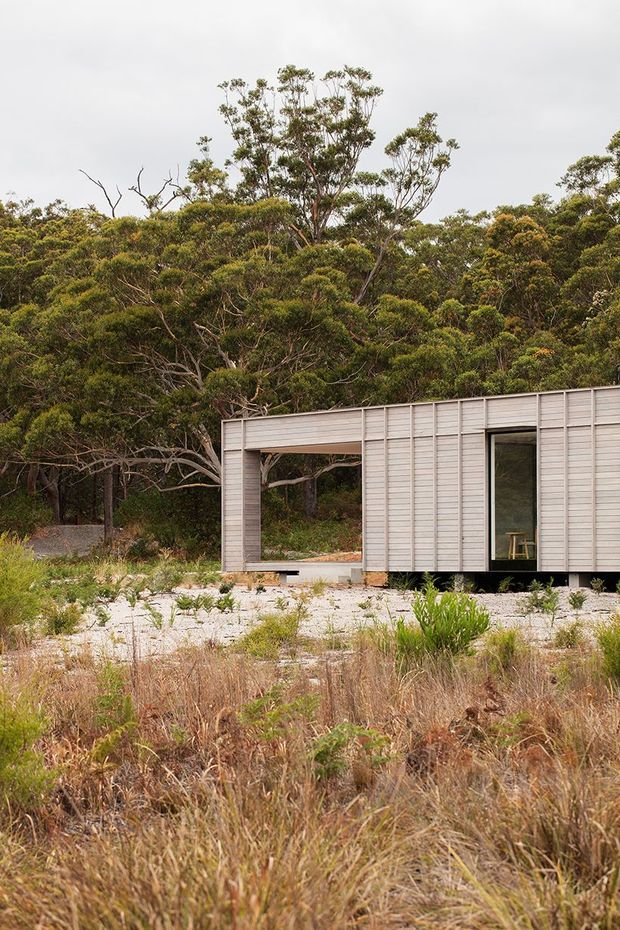 A compact modern pavilion set within dense native bush and sandy, lightly landscaped terrain. The single-storey structure has a simple rectangular form, horizontal pale timber-like cladding, large dark-framed glazing, and a covered open terrace or breezeway. The muted natural setting and restrained architecture create a quiet, integrated bush retreat.