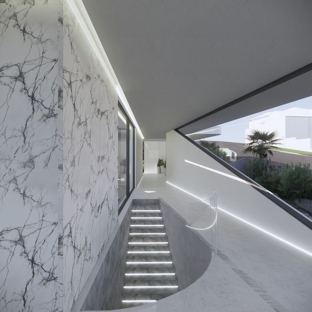 A bright, highly contemporary interior stairway descends beside a dramatic white marble-look veined wall. Integrated linear LED lighting illuminates each stair tread and traces the corridor edges, while a sculptural curved glass balustrade follows the stair. Large angled glazing opens views toward a landscaped modern residential setting outside.