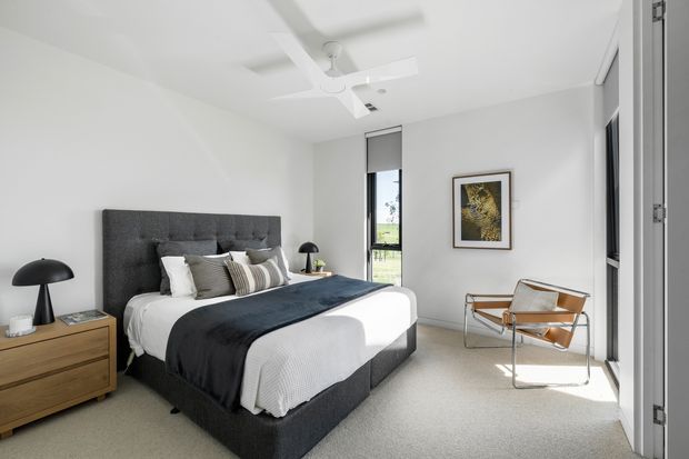 Bright, contemporary bedroom with a large upholstered charcoal-grey bed, white bedding, layered grey and striped cushions, and a dark blue-grey throw. A timber bedside chest and black table lamps sit beside the bed, while a timber-and-leather lounge chair occupies the corner near full-height glazing. The room has white walls and ceiling, pale carpet, a ceiling fan, roller blinds, and framed artwork. The overall feel is clean, calm, airy, and refined.