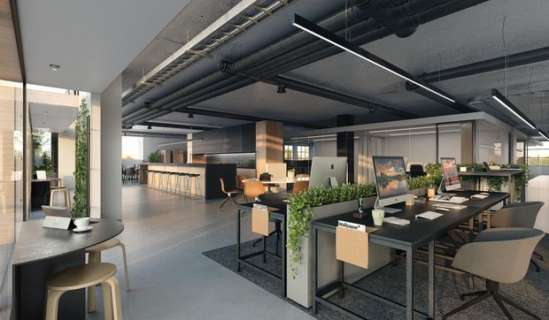 A spacious contemporary open-plan commercial office interior with shared workstations, desktop computers, meeting tables, and abundant indoor planting. The space features an exposed dark services ceiling with visible ductwork, linear suspended lighting, polished concrete flooring, glass partitions, timber-clad columns, and a casual breakout area with bar seating and a kitchenette or café counter in the background.